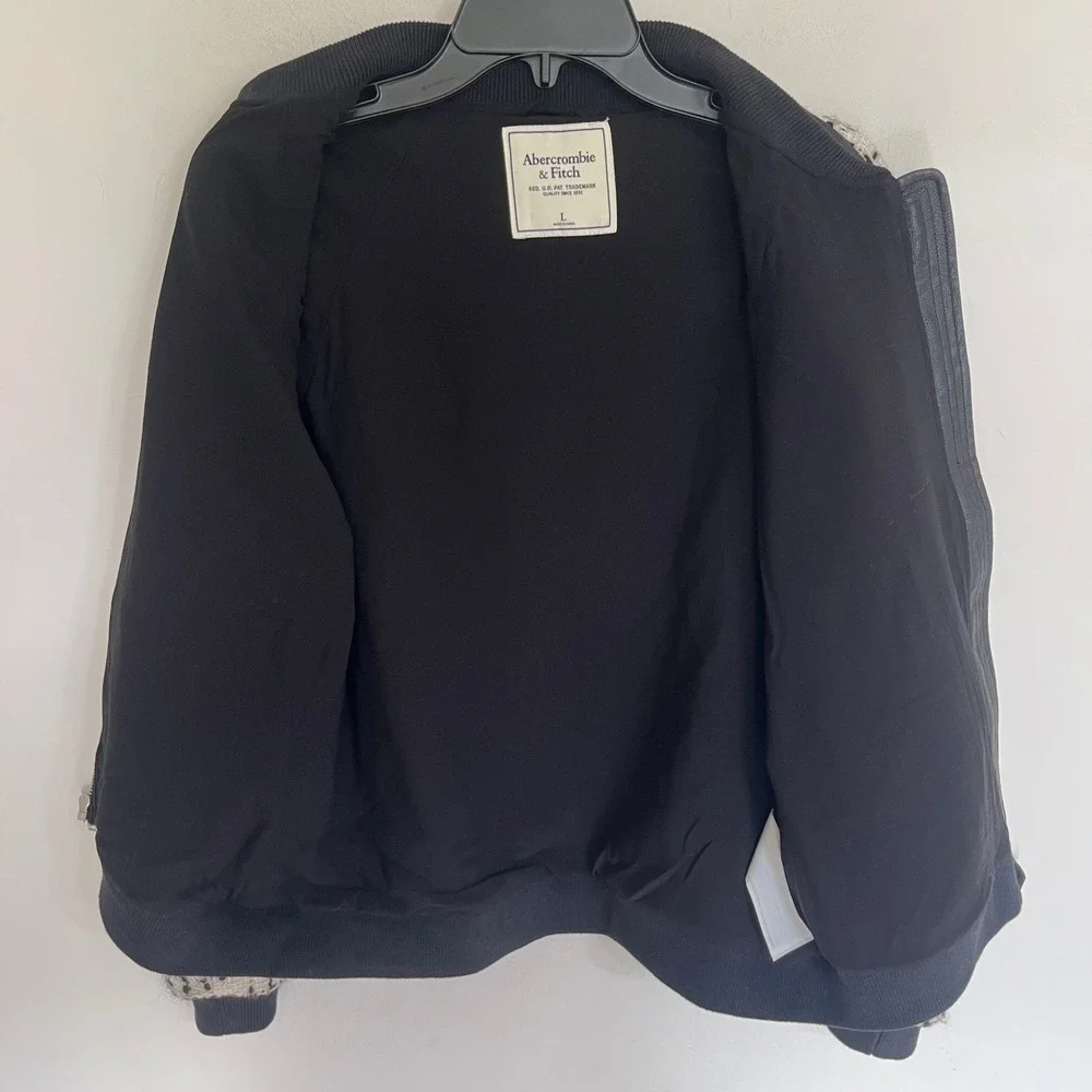Abercrombie & Fitch Women Tweed Bomber Jacket Wool Blend Black Cream‎ Large L